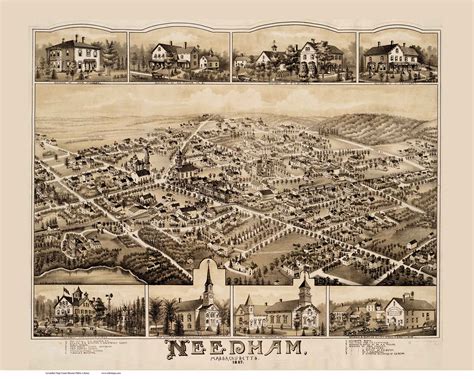 Needham Massachusetts Bird S Eye View Old Map Reprint Bpl Old