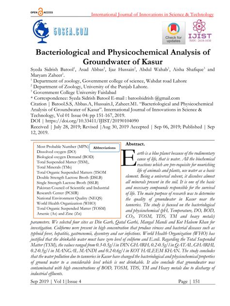 PDF Bacteriological And Physicochemical Analysis Of Groundwater Of Kasur