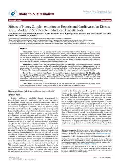 Pdf Effects Of Honey Supplementation On Hepatic And Cardiovascular