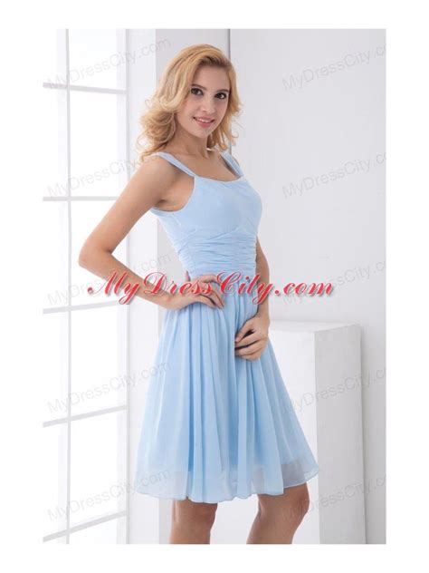 Simple Empire Straps Knee Length Chiffon Light Blue Prom Dress