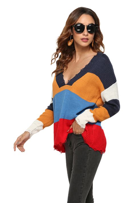 Colorful Sexy Loose Casual Deep V Neck Knit Cashmere Sweater For Woman