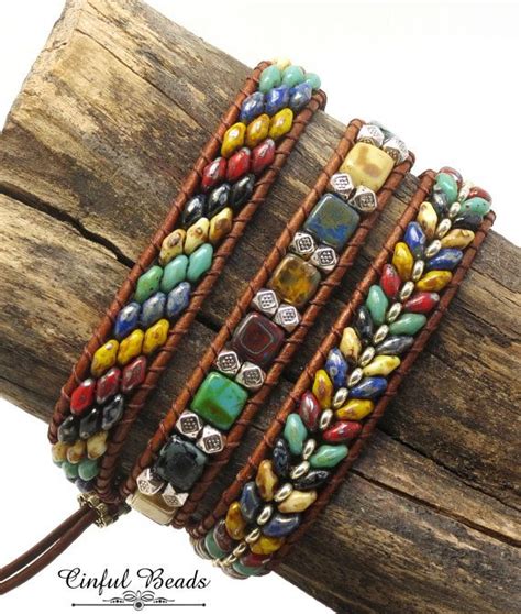 BEADED LEATHER WRAP Bracelet Picasso Superduos Boho Leather Wrap Boho