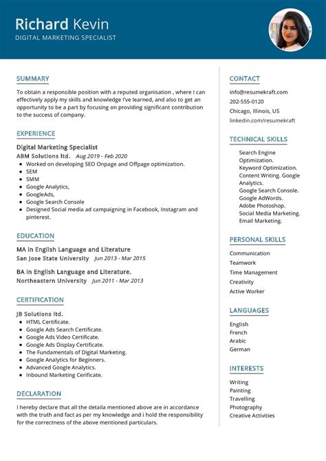 Digital Marketing Specialist Resume Example In Resumekraft