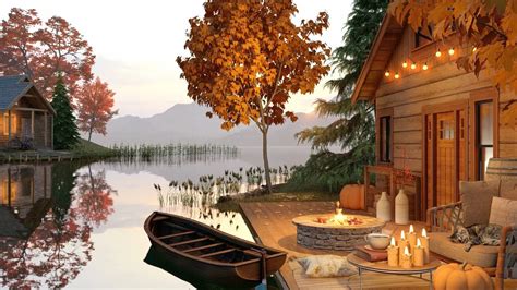 Autumn Cozy Lake House Porch Ambience With Bonfire Crickets Birdsong