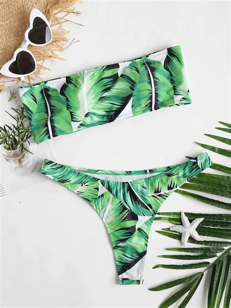 ZAFUL Sexy Swimsuit Beach Wear Tropical Leaf Lace Up Bandeau Bikini Set