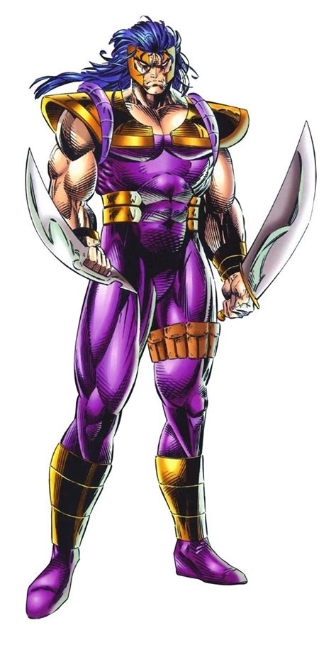 An Image Of A Man In Purple And Gold Armor With Two Swords On His Hands