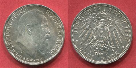 Deutsches Reich 3 Mark Silbermünzen 1911 Luitpold Prinz Regent von