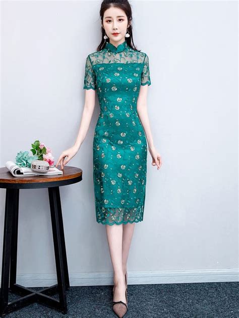 Green Red Lace Midi Qipao Cheongsam Party Dress Cozyladywear