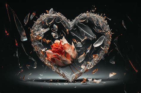 Premium Photo Broken Glass Heart With A Rose And Petals Inside On A