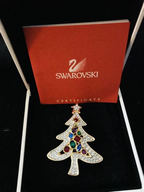 Retired Signed Swarovski Crystal Christmas Tree Brooch With Original Box And Certificate Of