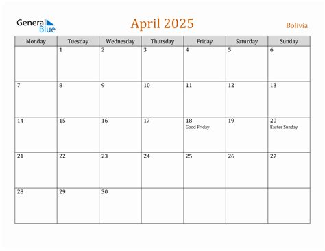 Free April 2025 Bolivia Calendar