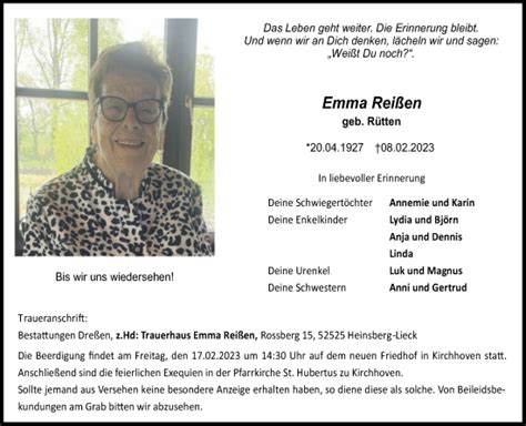 Traueranzeigen Von Emma Rei En Aachen Gedenkt