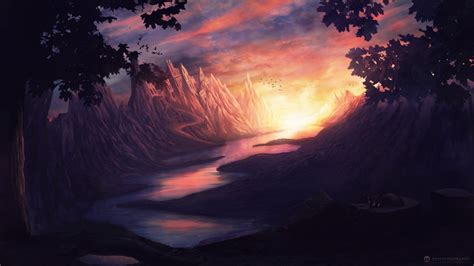 Fondos De Pantalla Luz De Sol Paisaje Arte Digital Arte Fantasía Puesta De Sol Noche