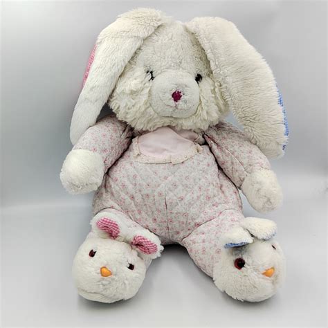 Ancienne Peluche Lapin Blanc Rose Bleu Fleurs Chaussons Impexit