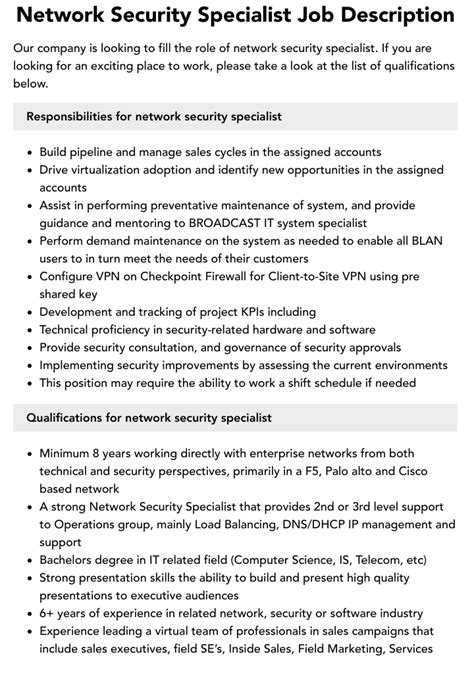 Network Security Specialist Job Description Velvet Jobs