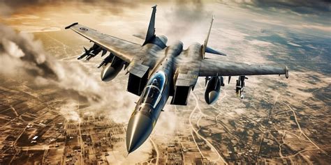Premium Ai Image Fighter Jet Fighter In Flight Over The City With Ai