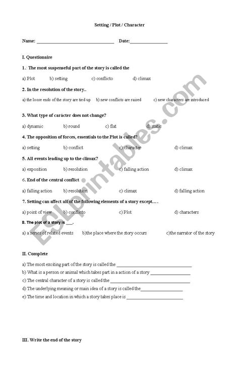 Plot Setting Character Esl Worksheet By Yakayorem