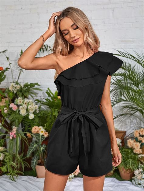 One Shoulder Ruffle Trim Belted Romper Comfy Jumpsuits