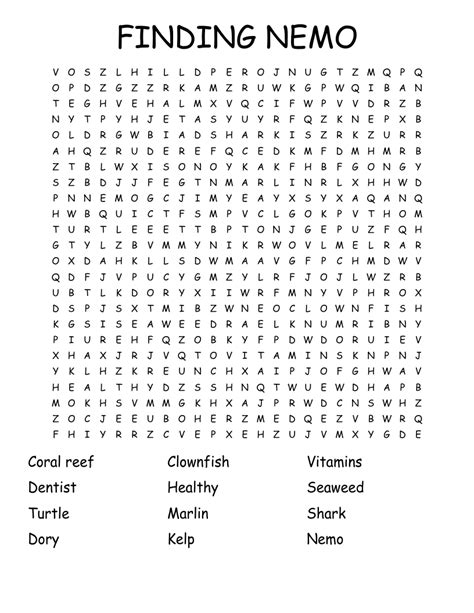 Finding Nemo Word Search Printable Free Art Templates