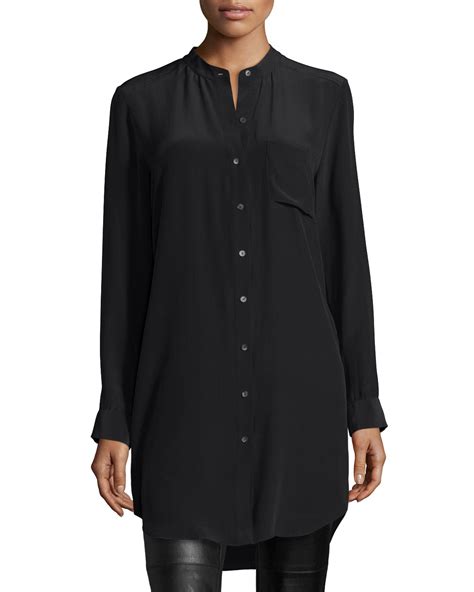 Eileen Fisher Long Sleeve Silk Tunic Shirt In Black Lyst