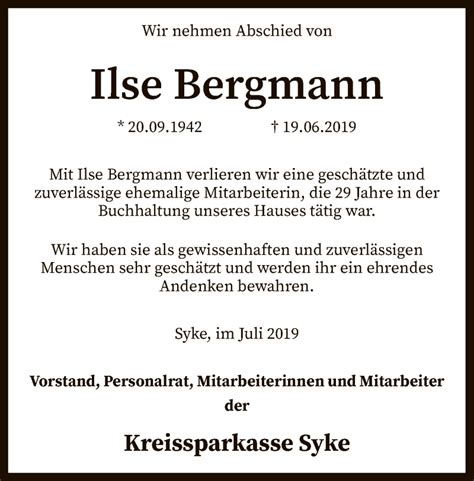 Traueranzeigen Von Ilse Bergmann Trauer Kreiszeitung De