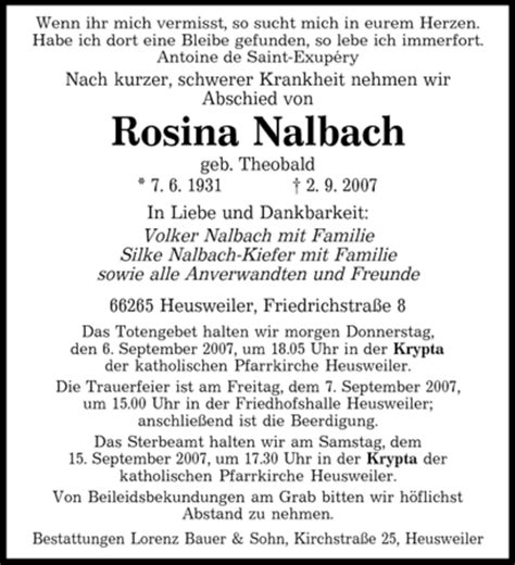 Traueranzeigen Von Rosina Nalbach Saarbruecker Zeitung Trauer De