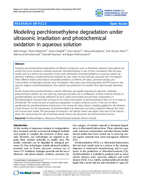 Pdf Modeling Perchloroethylene Degradation Under Ultrasonic