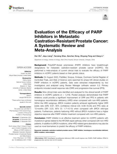 Pdf Evaluation Of The Efficacy Of Parp Inhibitors In Metastatic