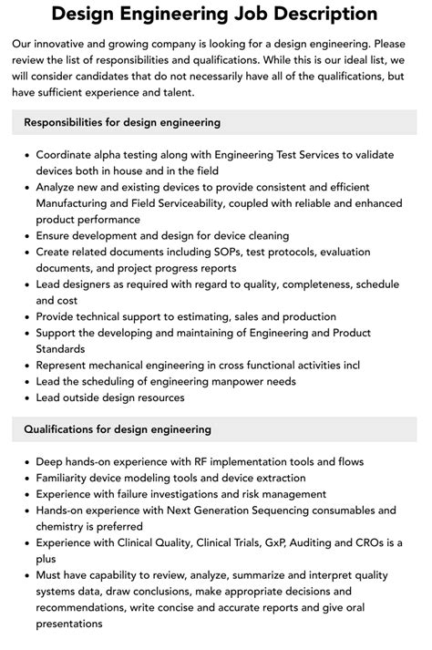 Design Engineering Job Description Velvet Jobs