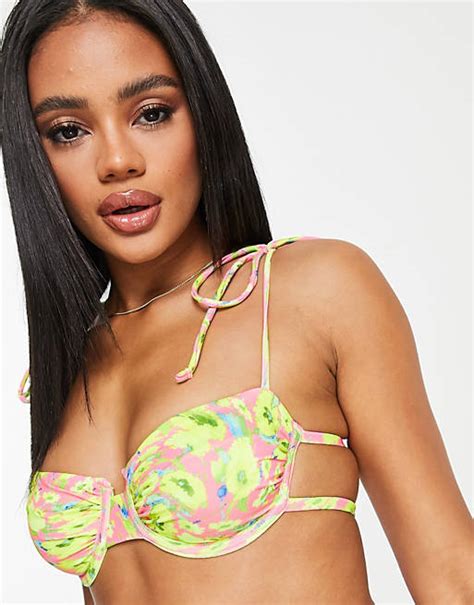 Asyou Underwired Ruched Bikini Top In Abstract Floral Print Asos