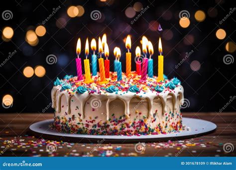 Birthday Cake With Candles On Wooden Table Against Defocused Lights