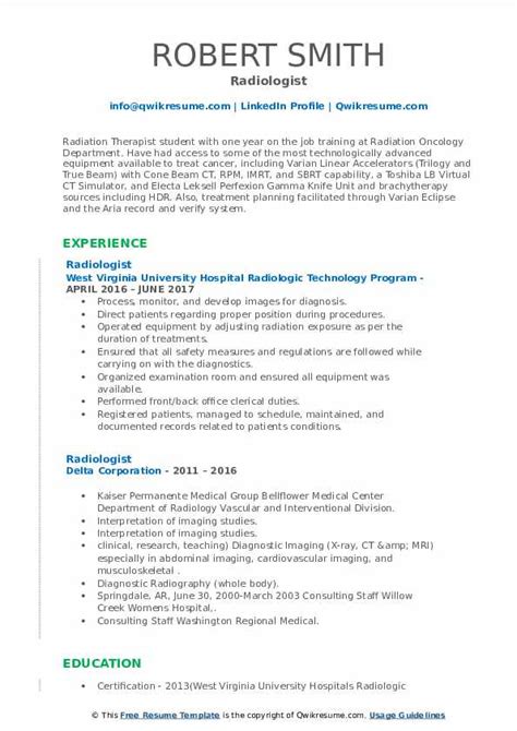 Radiologist Resume Samples Qwikresume