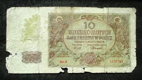 OLD BANKNOTE OF POLAND 10 ZLOTYCH 1940 WORLD WAR II Ser A 1170793 2