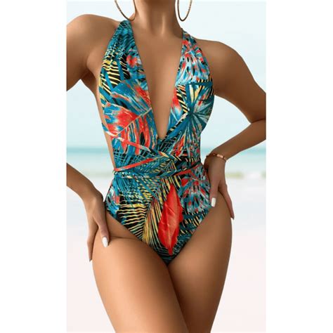 Meloriaswim Tropical Leaf Print Padded Strappy Crossed Sling Lace Up