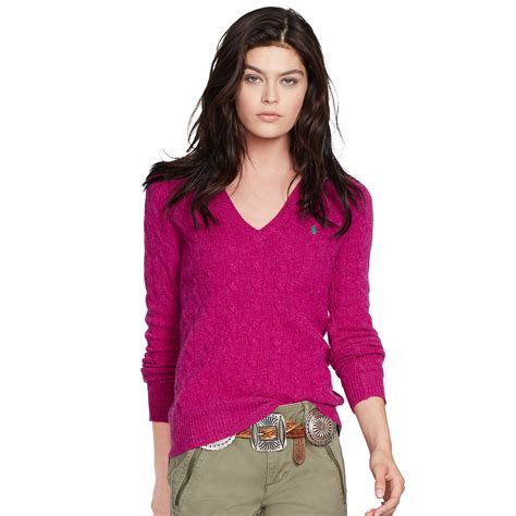 Polo Ralph Lauren Cable Knit V Neck Sweater In Purple Lyst