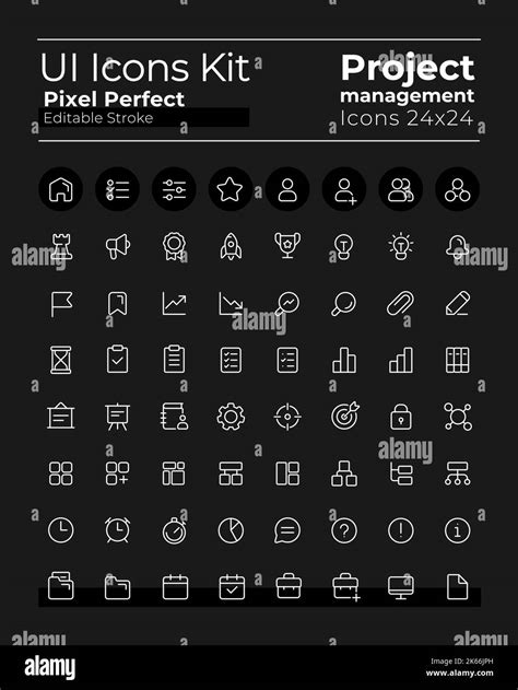 Project Management Pixel Perfect White Linear Ui Icons Kit For Dark