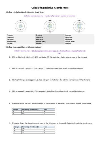 Calculating Relative Atomic Mass Worksheet Teaching Resources