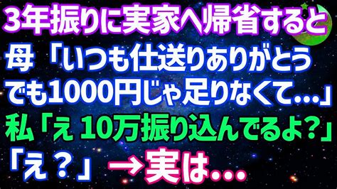 【スカッとする話】3年振りに実家へ帰省すると母「仕送りいつもありがとう。でも1000円じゃ足りなくて 」私「10万振り込んでるけど ？」母「え？」→実は Youtube