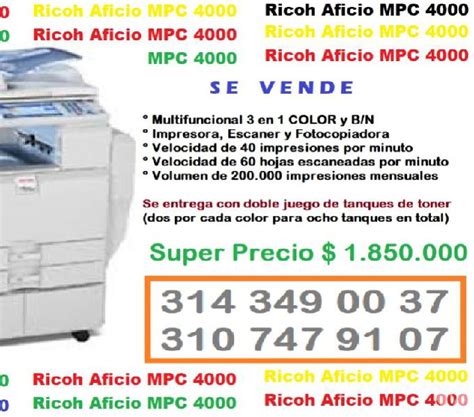 Ricoh Aficio Mpc 4000 Multifuncional Laser 3 En 1 Color En Colombia