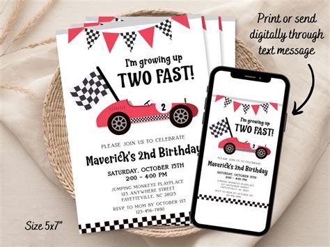 Editable Race Car Birthday Invitation For Year Old Growing Up Two