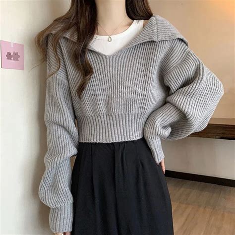 Long Sleeve Cropped Sweater Women Autumn Winter Turn Down Collar