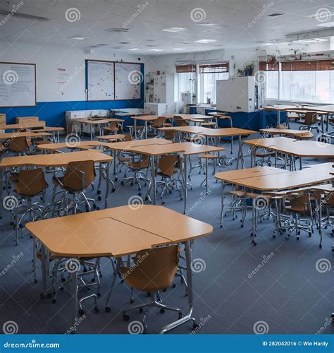 A Classroom with Desks and Chairs Filled with School Supplies Stock ...