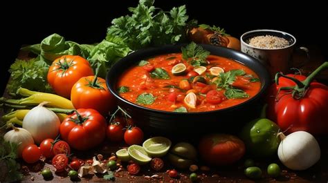 Premium Ai Image Bowl Of Tomato Soup Surrounded By Tomatoes And Peppers