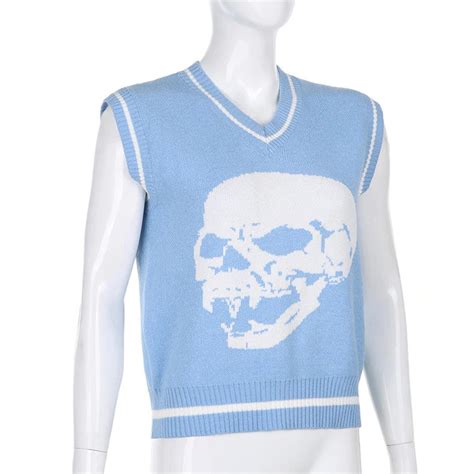 Skull Print Knit Sweater Vest Goth Style Streetwear Etsy