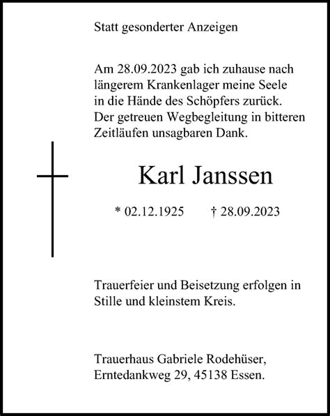 Traueranzeigen Von Karl Janssen Trauer In Nrw De