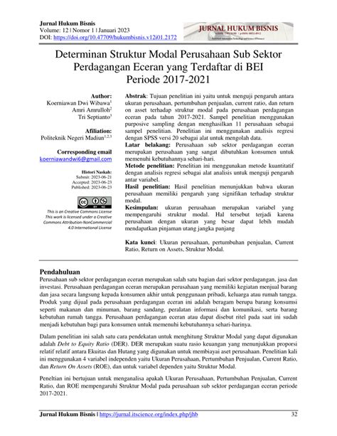 Pdf Determinan Struktur Modal Perusahaan Sub Sektor Perdagangan