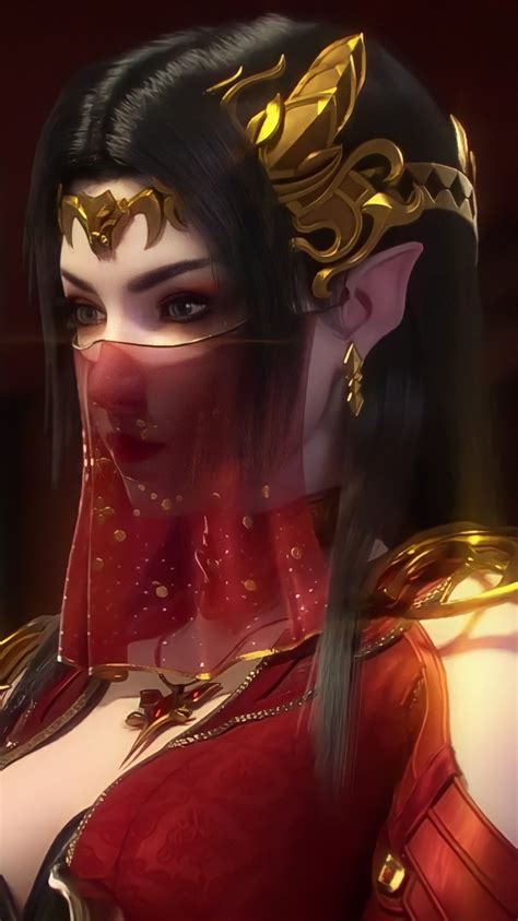 A Woman In Red Is Wearing Gold Jewelry And Headgear With Her Eyes Closed