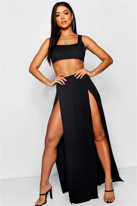 Thigh Split Maxi Skirt Boohoo Maxi Skirt Black Long Skirt Outfits Fashion