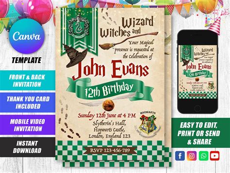 Editable Wizard Slytherin Birthday Invitation Canva Template Etsy