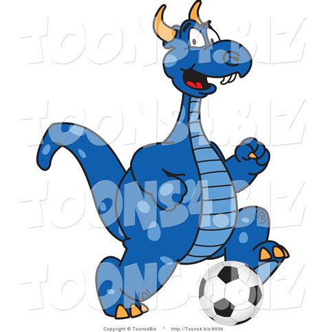 Vector Illustration Of A Blue Cartoon Dragon Mascot Playing Soccer By